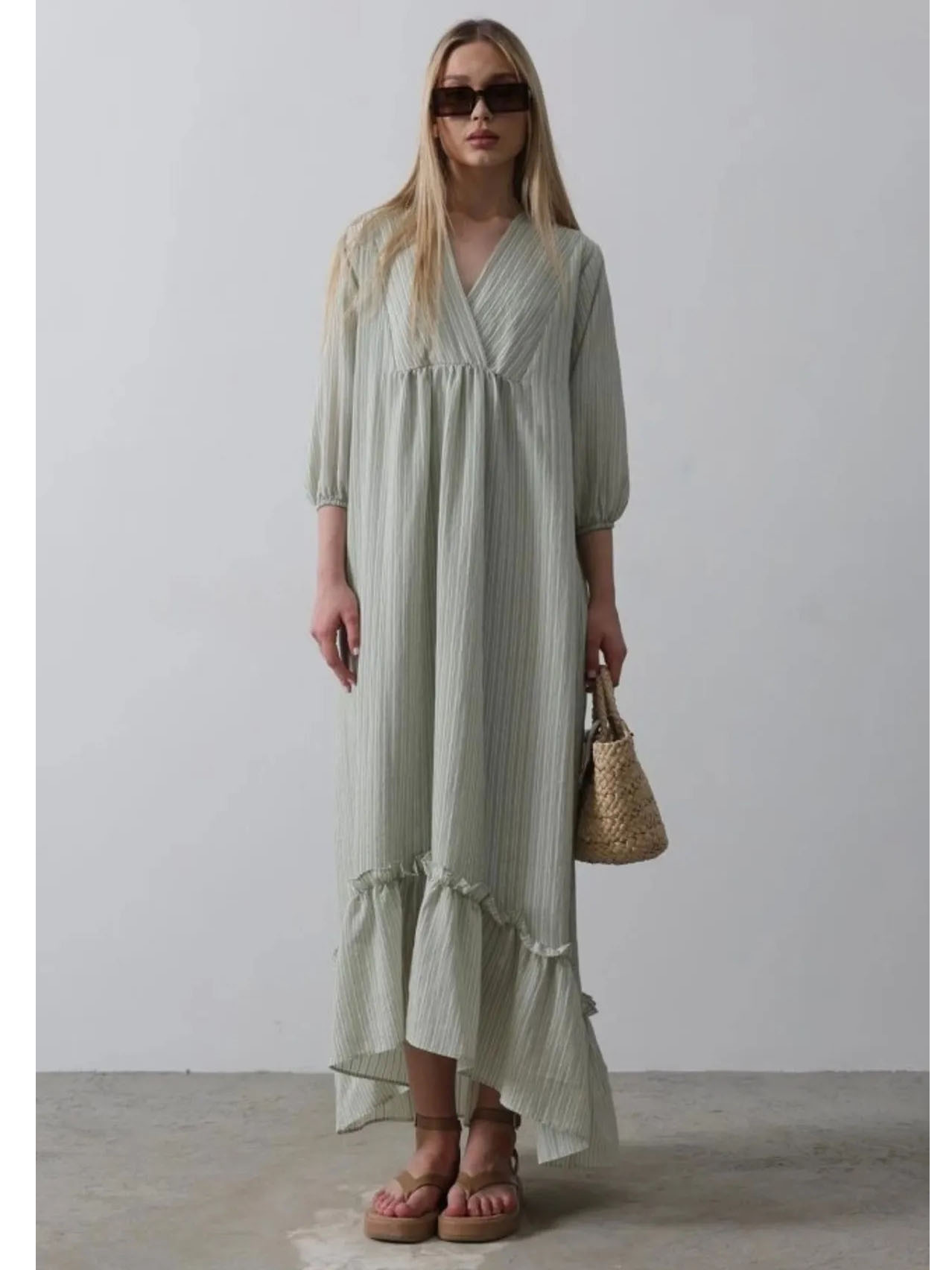 Çizgili Oversize V Yaka Elbise - Haki