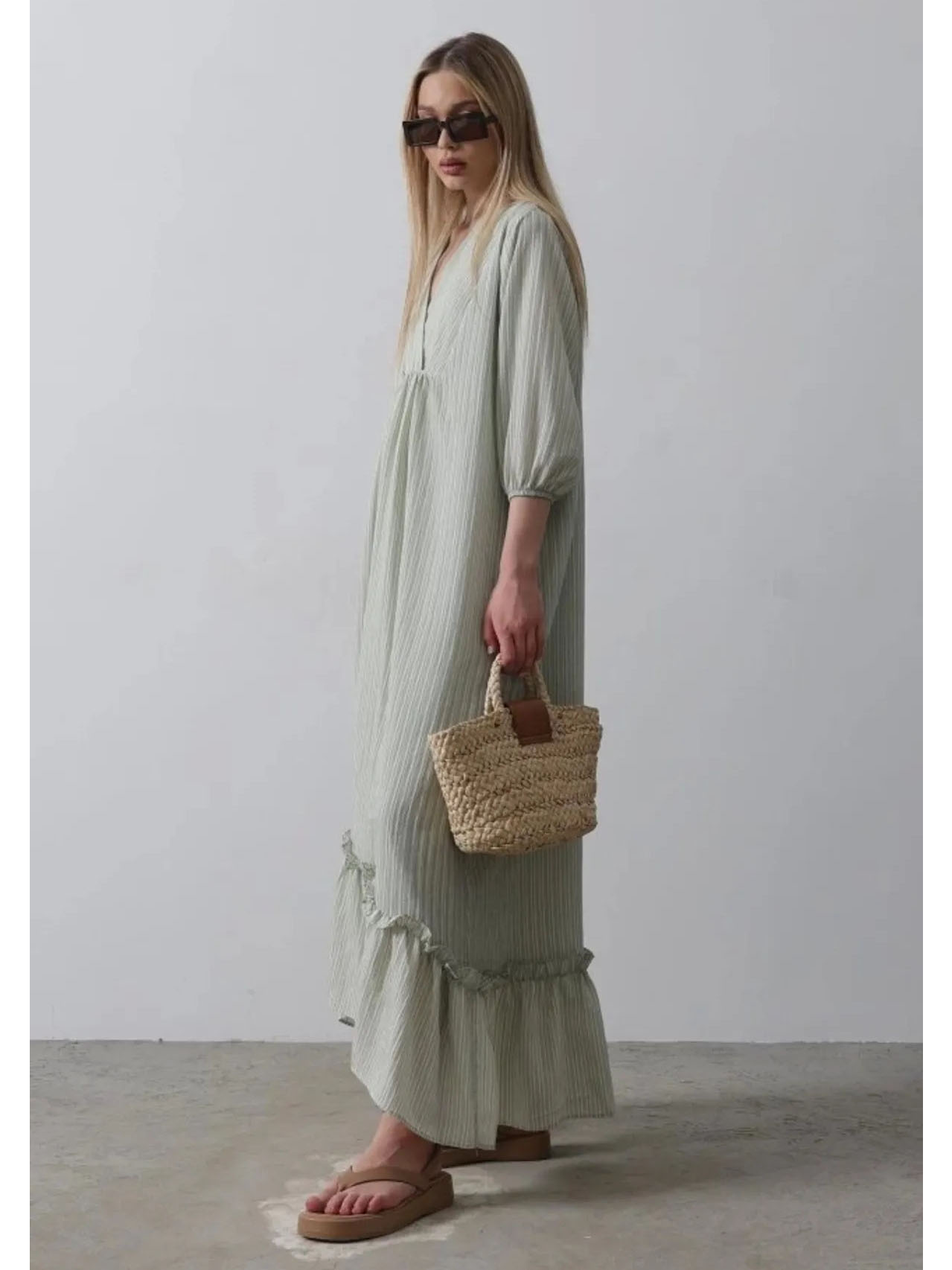 Çizgili Oversize V Yaka Elbise - Haki