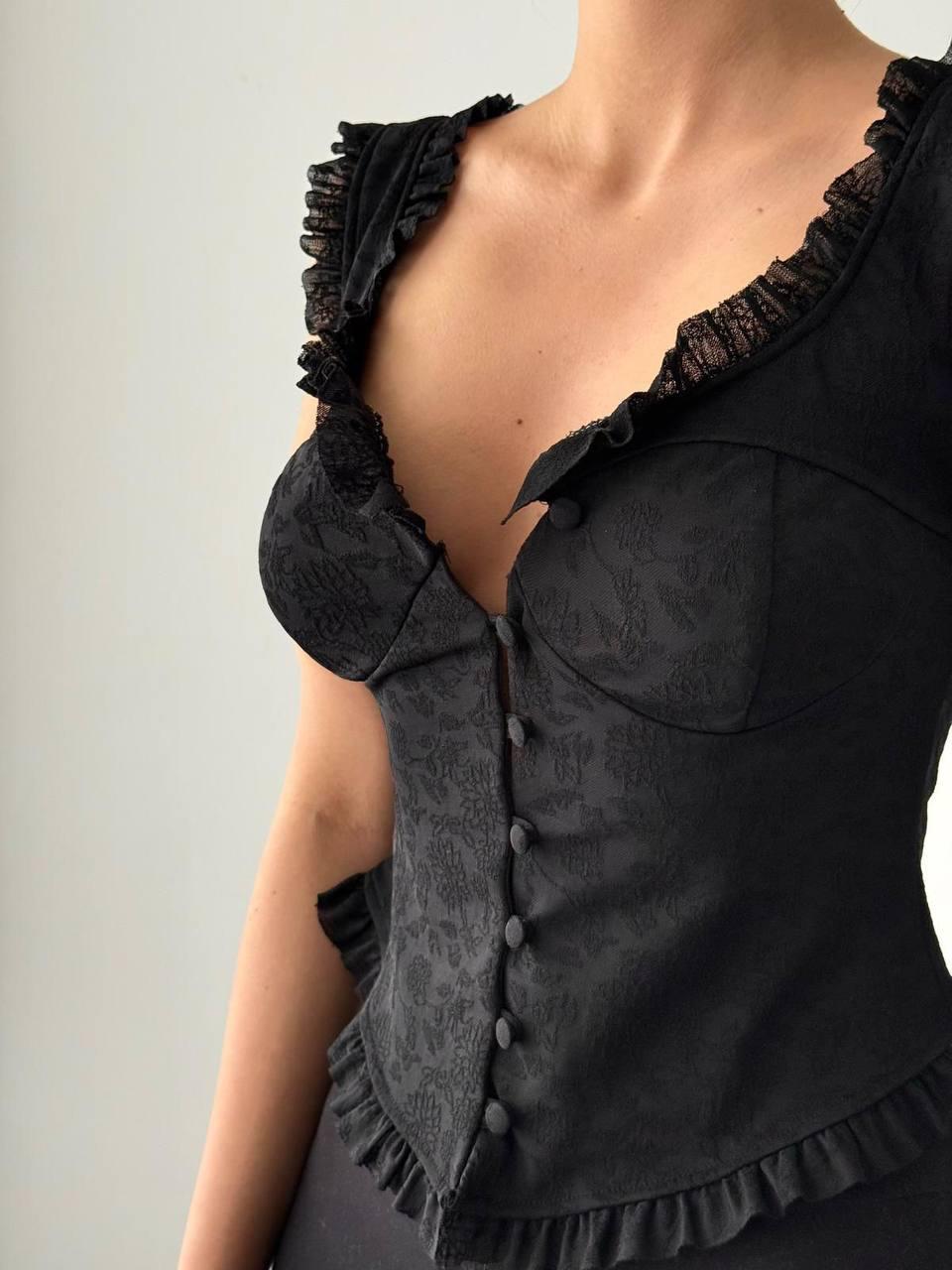 Askılı Düğmeli Dantel Bluz Siyah