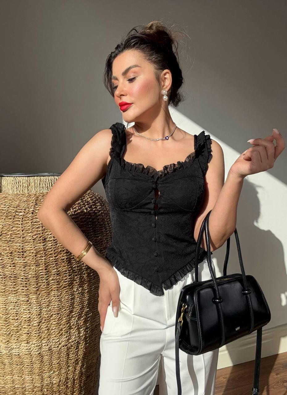 Askılı Düğmeli Dantel Bluz Siyah