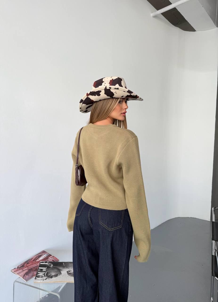 Haki Kalp Düğmeli Uzun Kol Triko Hırka